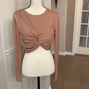 Peach Love tan front twist cropped top